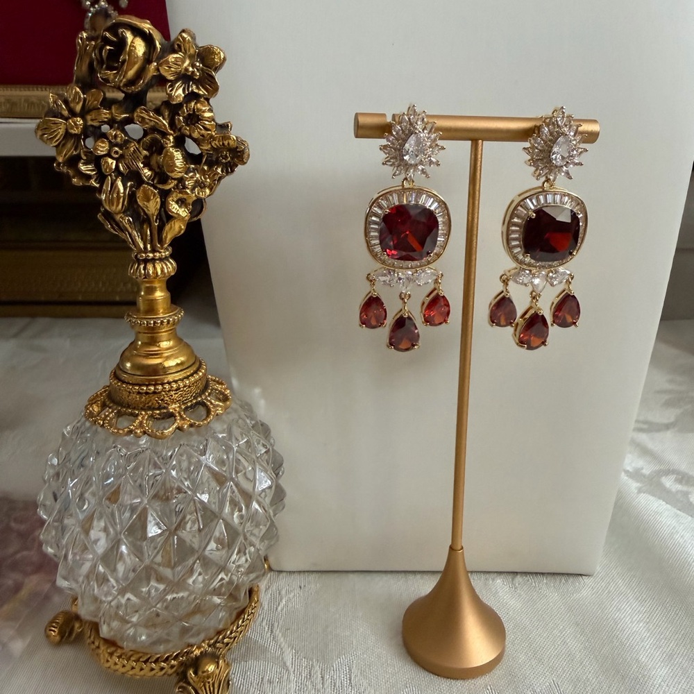 18m gold plated Elegant garnet zirconia Crystal Drop Earrings - Gold Tone